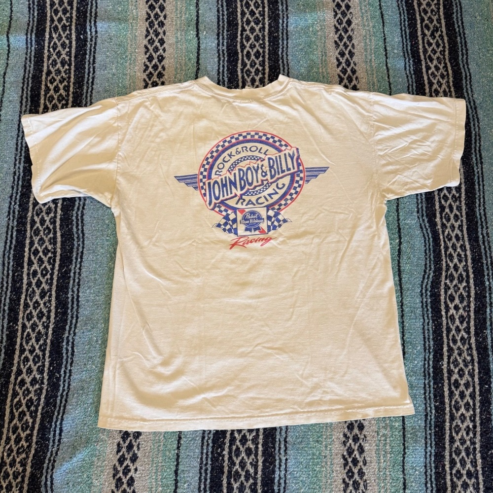 Vintage Pabst Blue Ribbon Racing T-Shirt John Boy & Billy Beer Mens Large